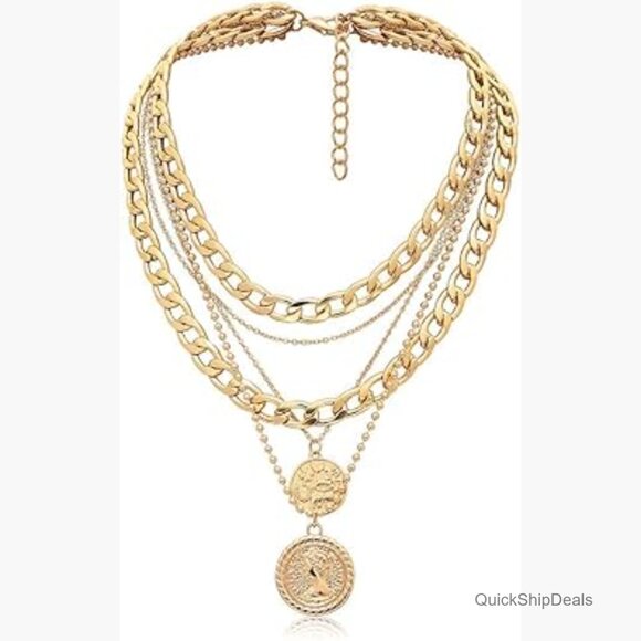 Jewelry - Chunky Coin Pendant Necklace Layered Cuban Link Chain Statement